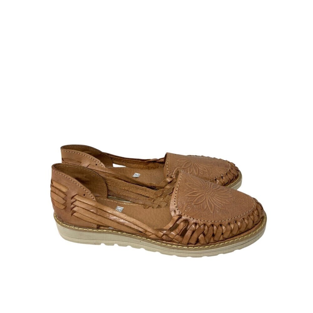 Los 2 Carnales Flats Women's Size 8 Tooled Leather Sunflower Handmade Mexico